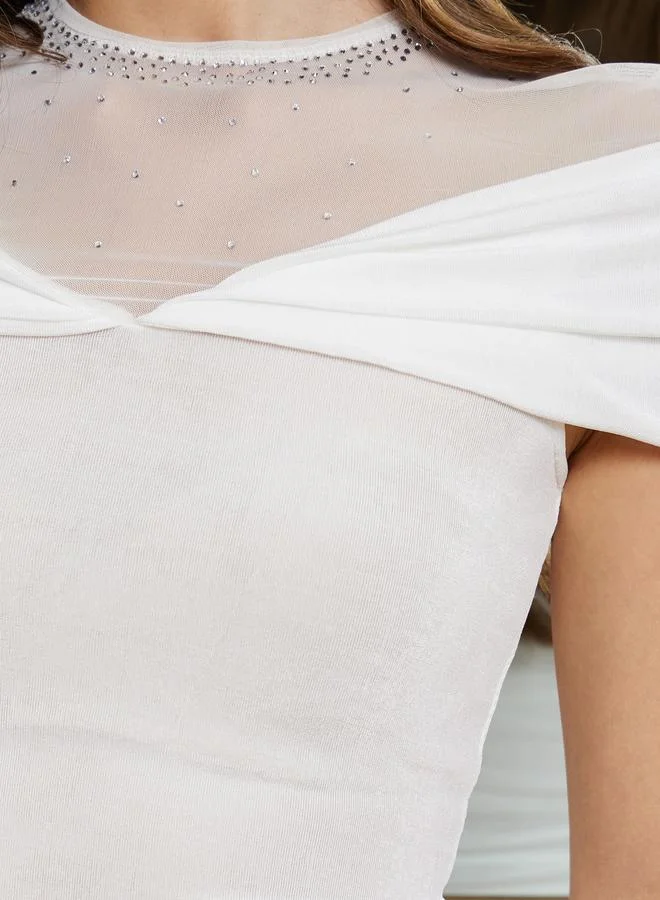 Styli Women Off White Mesh Embellished Top